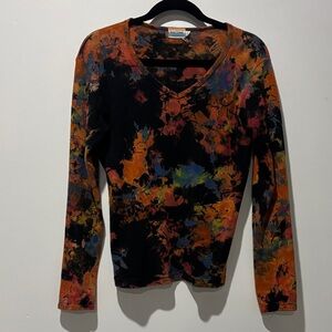 New York Y2K 90s Multicolor Tie-Dye Long Sleeve V Neck Top Orange Blue Red Black